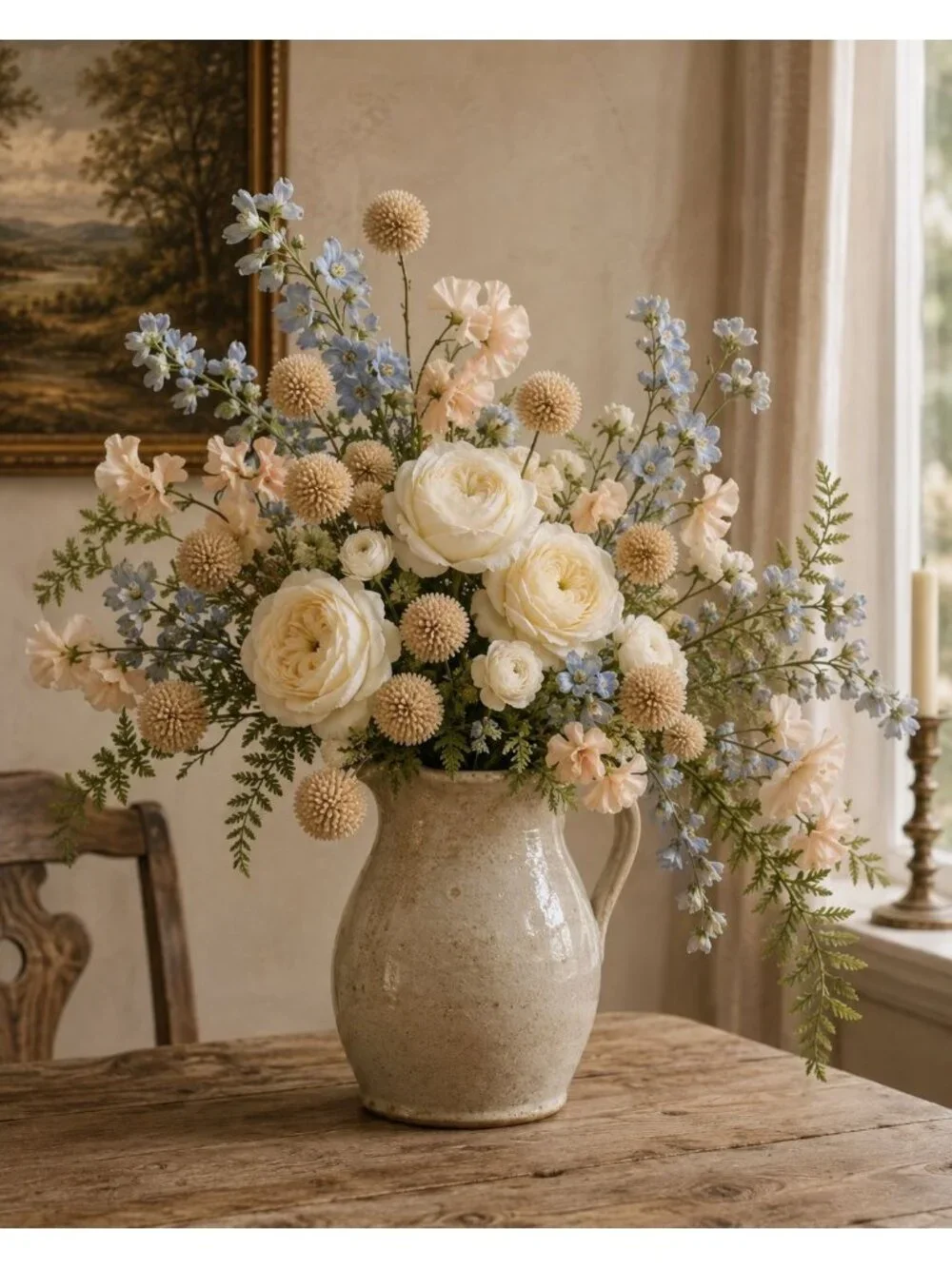 Warm Taupe Beige Pom Pom Chrysanthemum Stems Set of 2, 20 Inch Artificial Silk F